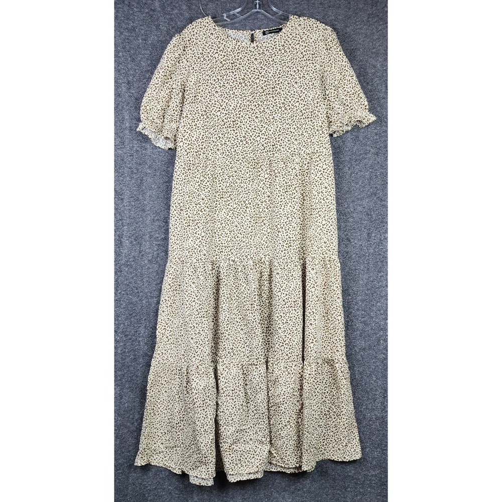 PrettyGarden Leopard Print Dress Womens Large Brown Tiered Puff‎ Sleeve Maxi